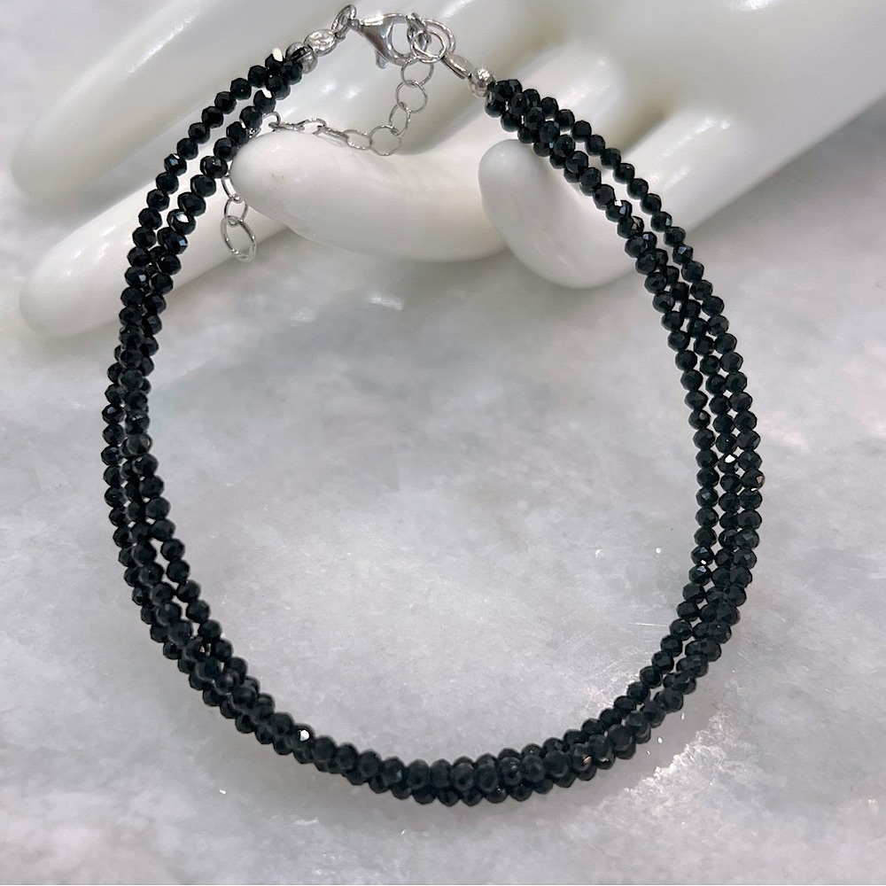 Thai Black Spinel Triple Strand Sterling Silver Bracelet